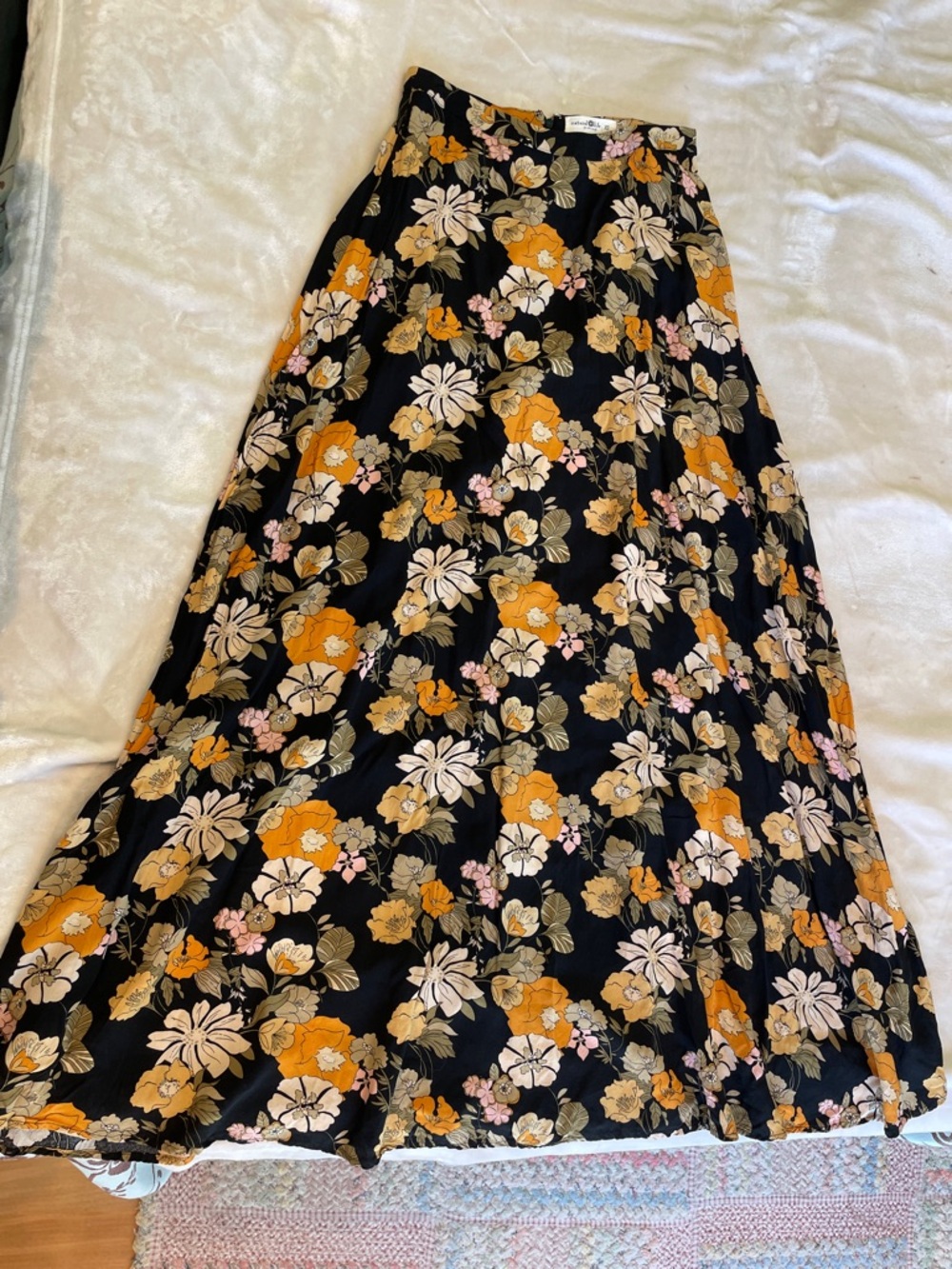 NATURAL LIFE Black Maxi Skirt with Mustard, Cream and Pink Floral Print